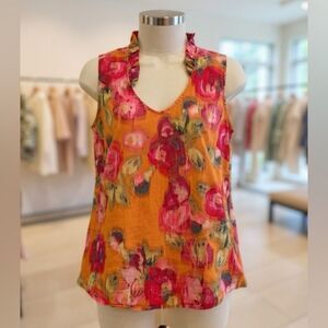 Size 0 Sleeveless Blouse J. Crew 100% Cotton Watercolor Orange Pink Red Floral R